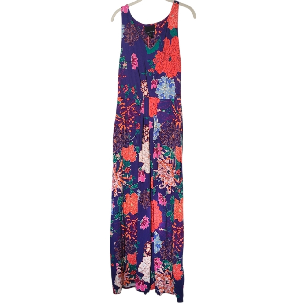 Cynthia Rowley Floral Maxi Dress Size L Strechy Blue Pink V-neck Sleeveless Boho